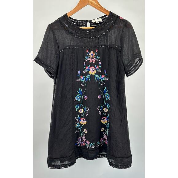 Umgee Black Babydoll Embroidered Cotton Dress with Lace Trim‎ - Women's Medium - Picture 1 of 8